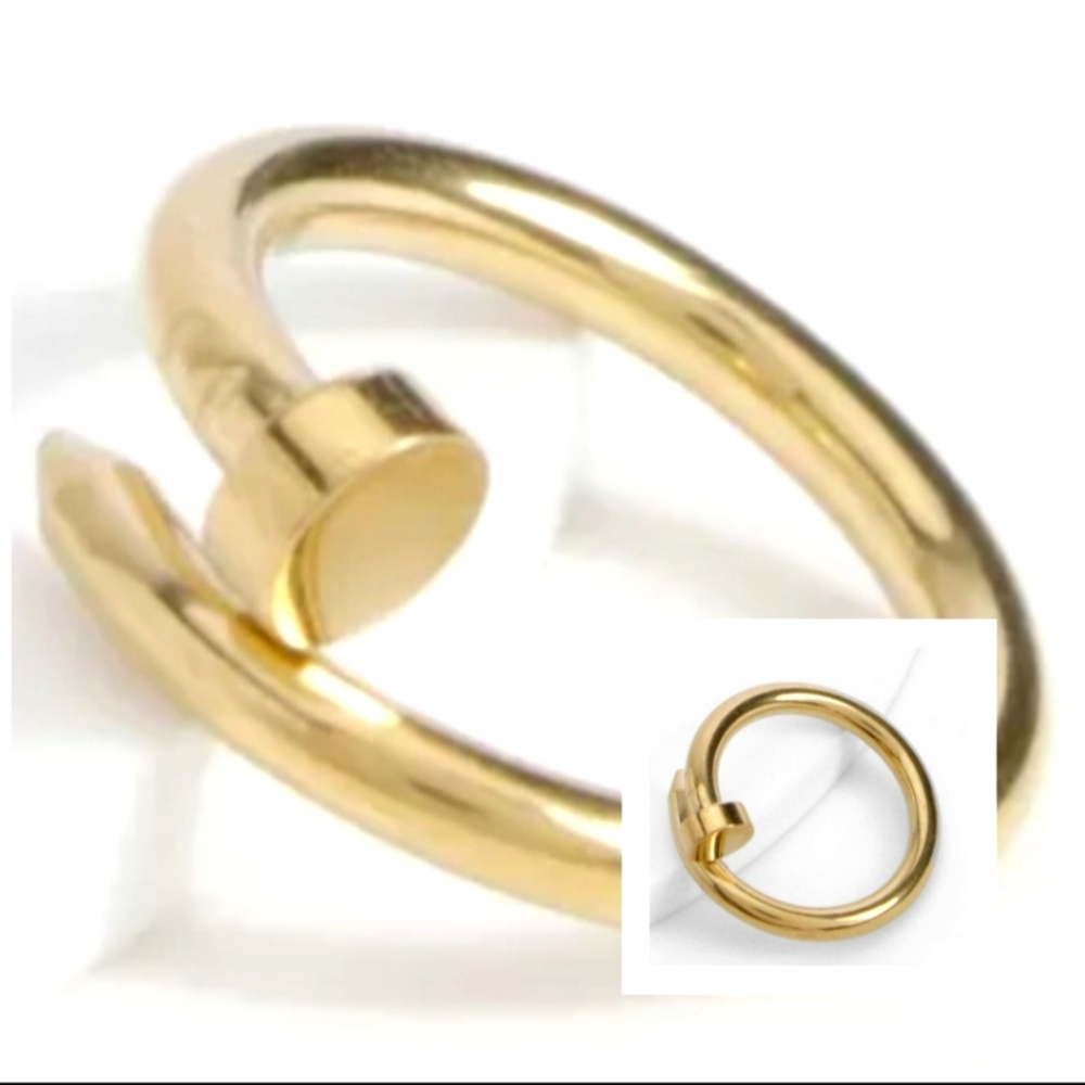 Nwt 18kt GP Screw Nail Gold Plated Stainless Steel Ring Designer Inspired